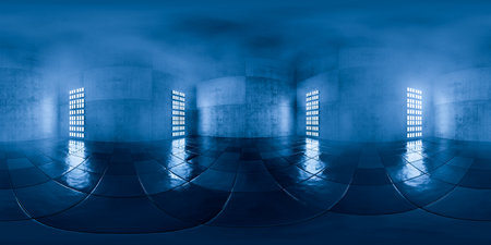 Full seamless spherical hdri panorama 360 degrees in interior of a dark garage,warehouse, corridor. Tiled floor in the dark with fog or smoke, 360 panorama. Empty room without renovation. 3d render.の写真素材