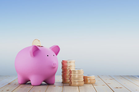 Pension savings concept. Family budget planning. Money in the piggy bank. Cryptocurrency storage. Piggy bank and gold coins. Bank account. Bank deposit. Piggy bank with coins. 3d render.の写真素材
