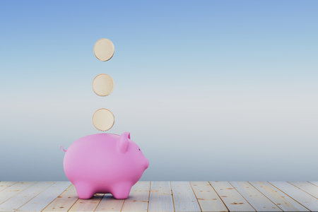 Piggy bank and gold coins. Bank account. Pension savings concept. Family budget planning. Money in the piggy bank. Cryptocurrency storage. Bank deposit. Piggy bank with coins. 3d render.の写真素材