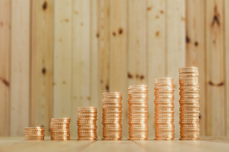 Stack of coins. Money concept. Money savings. Stock market. Credit money. Credit. Deposit. Debts. Financial literacy. Education. Mortgage. 3d render.の写真素材
