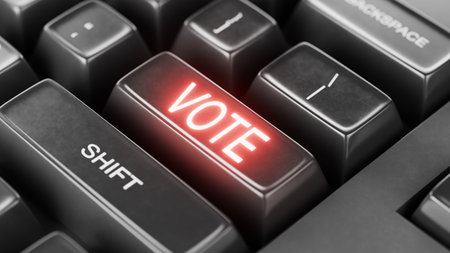 Voting text written on a keyboard button. Voting concepts. Black keyboard key with the red word "VOTE" symbolizing the importance of voting in elections and digital participation 3D render.の写真素材
