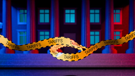 Trade and economic war. Yellow tape tariffs. Economic war, conflict. Concept of economic tariffs. American tariffs on the EU. Crisis, 3d render.の写真素材