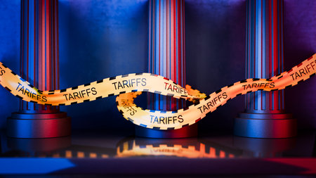 Concept of economic tariffs. Trade and economic war. Yellow tape tariffs. Economic war, conflict. American tariffs on the EU. Crisis, 3d render.の写真素材