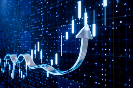 Financial chart shows price and goes up. Stock. Rising chart. Up chart. Growth of indicators. Price increase. Growing chart concept. Growth of cryptocurrency, stock or currency. 3D render.の写真素材