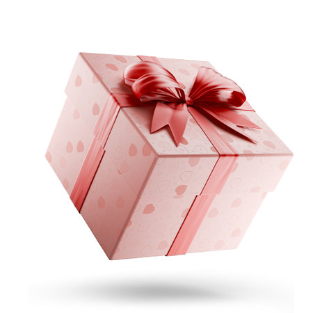 Packaging, gift in pink paper wrapping with hearts. Gift wrapping pink. Isolated on white background. Transparent background. Christmas gift. Wedding anniversary gift. 3d render.の写真素材