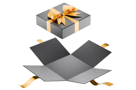 Open dark gift box with gold ribbon symbolizing luxury and celebration. Transparent background. Gift certificate. Valentine's Day. Open dark gift box with gold ribbons. Christmas gift. Sale. 3d renderの写真素材