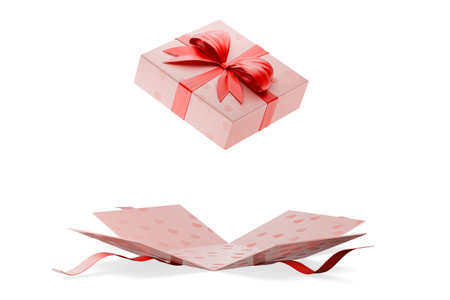 Opened gift box of pink color. Isolated on white background. Christmas present. Wedding anniversary...
