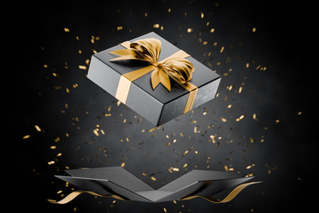 Open gift box with golden ribbons. Gift certificate. Valentine's day. Christmas gift. Sale. Birthday...