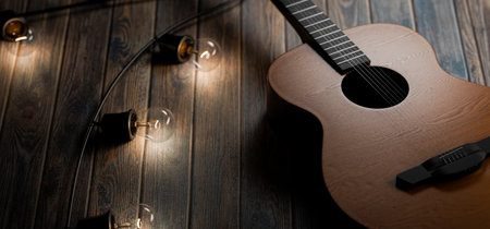 Guitar playing concept. Classic acoustic guitar lies on a wooden table with warm lamps. Empty space for your design, poster, announcement. Musical instrument in a rustic interior. 3d render.の写真素材