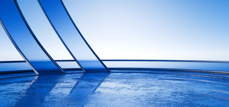 Geometric architecture with wavy design, car presentation. Futuristic design made of metal, glass and concrete for your design. Abstract minimal architecture background. 3d render.の写真素材