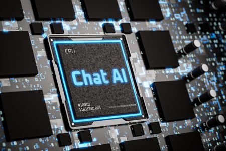 Evolution of chat support. Development of AI chatbots. Chat AI. Microchip with the description chat AI. Artificial intelligence to help people. 3d render.の写真素材