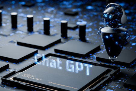 Blue inscription of chat gpt on digital background. AI model concept. New model of chat with artificial intelligence. Chat with AI or artificial intelligence. Smart AI. 3d render.の写真素材