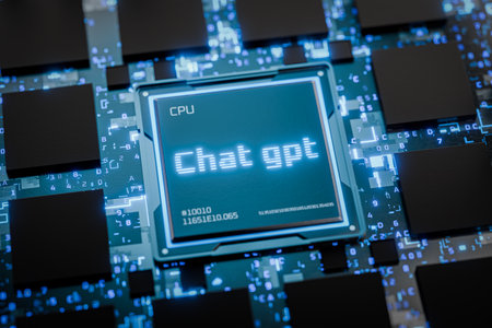 Blue chat gpt inscription on digital background. Chat with AI or artificial intelligence Smart AI. Artificial intelligence processor. New chat model with artificial intelligence. 3d render.の写真素材