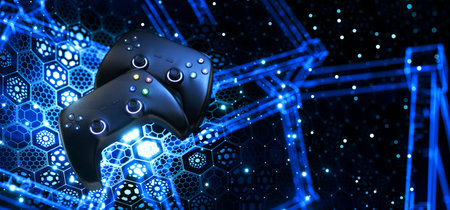 Esports. Video games. Gaming joystick on technological background. Blockchain game concept. Gamepad...