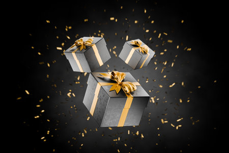 Christmas gift. Sale. Gift certificate. Birthday gift. Black gift box with gold ribbon symbolizing luxury and celebration. Dark box with gold ribbons. Valentine's Day. 3d rendering.の写真素材