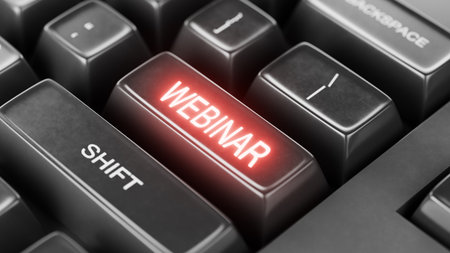 WEBINAR concept - keyboard with red webinar button. Close-up of webinar text on keyboard button. Online business. 3D render.の写真素材