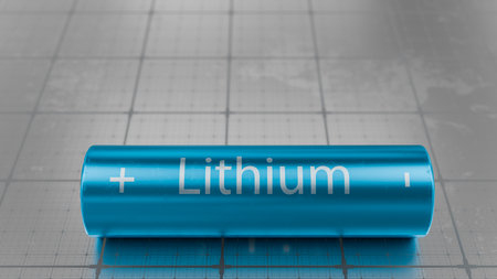 Blue lithium-ion battery with positive and negative contacts on technological background. 3D render.