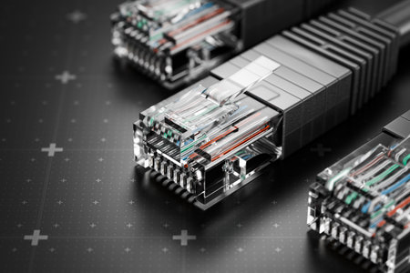 RJ45 Ethernet connectors. Hosting providers. High-speed internet connection. VPN encryption. RJ45 cables and plugs against a technical background. Internet connection. Connection concept. 3D render.の写真素材