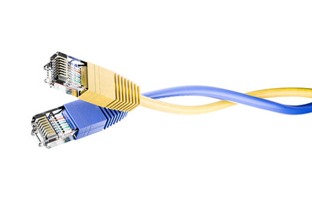 Hosting providers. High-speed internet connection. RJ45 cables and plugs against a technical...