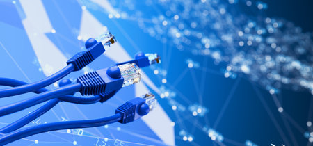 RJ45 Ethernet connectors. RJ45 cables and plugs against a technical background. Connection concept....