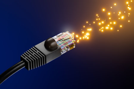 RJ45 cables and plugs against a technical background. Connection concept. Internet connection....