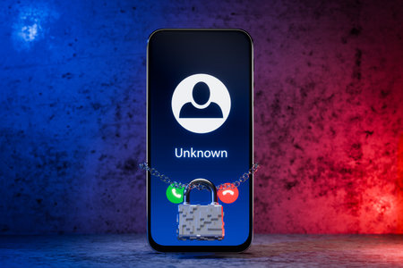 Unknown call, concept of phone scam, deception and identity theft, mobile security from cybercrime. Spam calls by phone. Suspicious phone number. Unknown call. Fraud or spam warning calls. 3d render.の写真素材
