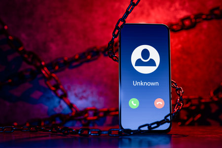 Unknown call. Suspicious phone number. Spam calls by phone. Unknown call, concept of phone scam, deception and identity theft, mobile security from cybercrime. Fraud or spam warning calls. 3d render.の写真素材