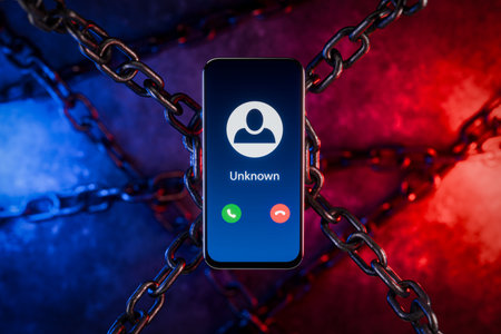 Suspicious phone number. Spam calls by phone. Unknown call, concept of phone scam, deception and identity theft, mobile security from cybercrime. Unknown call. Fraud or spam warning calls. 3d render.の写真素材