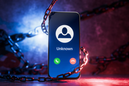 Fraud or spam warning calls. Unknown call, concept of phone scam, deception and identity theft, mobile security from cybercrime. Spam calls by phone. Suspicious phone number. Unknown call. 3d render.の写真素材