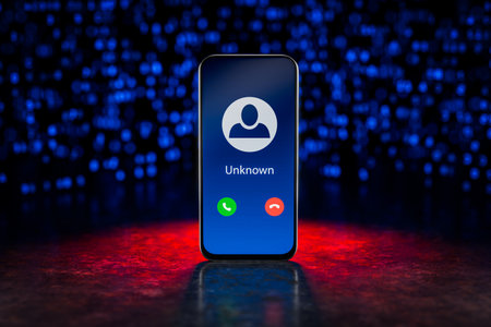 Spam calls by phone. Unknown call, concept of phone scam, deception and identity theft, mobile security from cybercrime. Suspicious phone number. Unknown call. Fraud or spam warning calls. 3d render.の写真素材