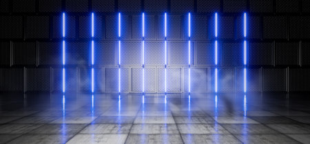 Futuristic interior. Showroom. Futuristic warehouse. Exhibition hall Video game background. Neon...