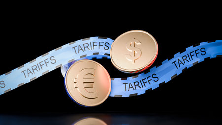 American tariffs on the EU. Trade and economic war. Crisis, Yellow tape tariffs. Economic war, conflict. Concept of economic tariffs. 3d render.の写真素材