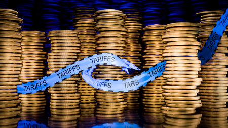 Crisis, yellow tape tariffs. Economic conflict. American tariffs on the EU. Concept of economic tariffs. Trade and economic conflict. 3d render.の写真素材