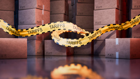 Concept of economic tariffs. Trade and economic war. Yellow tape tariffs. Economic war, conflict. American tariffs on the EU. Crisis, 3d render.の写真素材