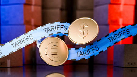 Trade and economic war. Crisis, Yellow tape tariffs. Economic war, conflict. American tariffs on the EU. Concept of economic tariffs. 3d render.の写真素材