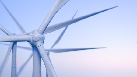 Caring for the environment. Rotating wind turbines. Green energy. Renewable energy sources. Generating electricity from wind. Wind power plant. Generating clean electricity. 3d renderの写真素材