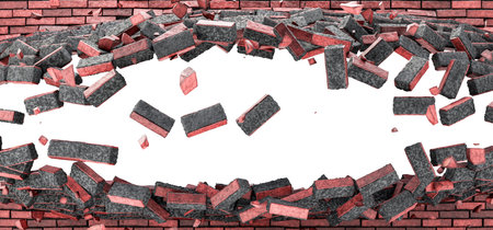 Exploded red brick wall. Textured background, isolated image, space for text. Destroyed brick wall....
