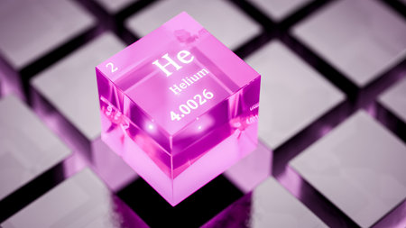 A cube with the chemical element helium. Helium, an element in the periodic table. The chemical...