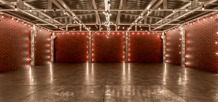 A production facility's showroom with brick walls and garland lighting. 3D render.
