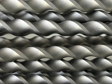 Metallic twisted rods. Drills close up. Aesthetic background of a silver metal drill bits close-up. High quality photoの写真素材