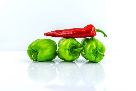 Fresh vegetables isolated on a white background.Onion,red and green pepper,cabbage,carrotの写真素材