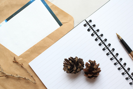 notebook with pen, lump and branchの写真素材