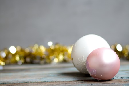 Christmas decoration on wooden table, Christmas balls, garlandの写真素材