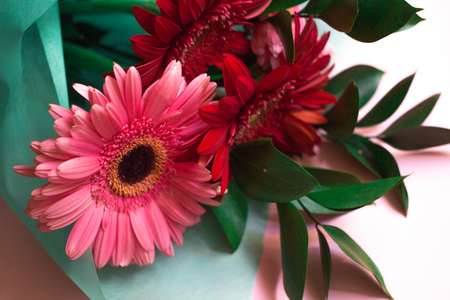 bouquet of pink and red gerberas on a pink pastel backgroundの写真素材