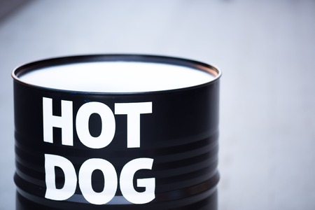 Moscow,Russia - 08 25 2018: black barrel with the inscription hot dog, street decorationの写真素材