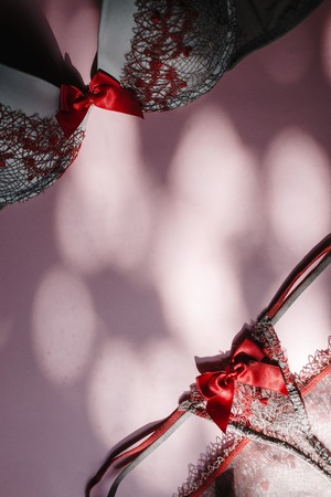 Women's lingerie on the pink background. Top view shot of fashionable women's underwear.