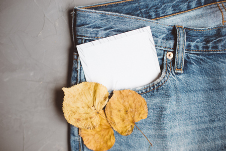 Moscow, Russia - 08 30 2018: top view blue jeans, autumn leaves, Rowan berries, postcard, copy spaceの写真素材
