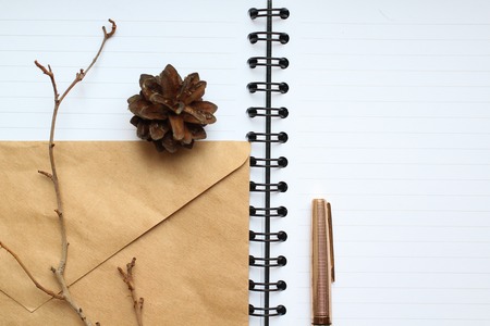 notebook, gold pen and concert on the desk, dry cones and branches decorated tableの写真素材