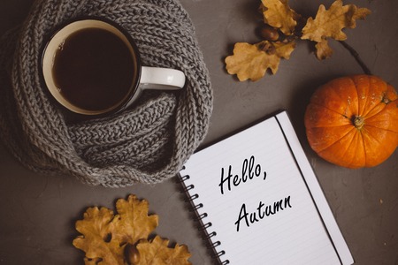 orange and yellow autumn leaves, a Cup of tea wrapped in a warm knitted scarf and Notepad with handle on gray background, top view, with copy spaceの写真素材