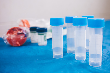 Fryazino, Russia: different tubes for sampling biological material on a blue backgroundの写真素材